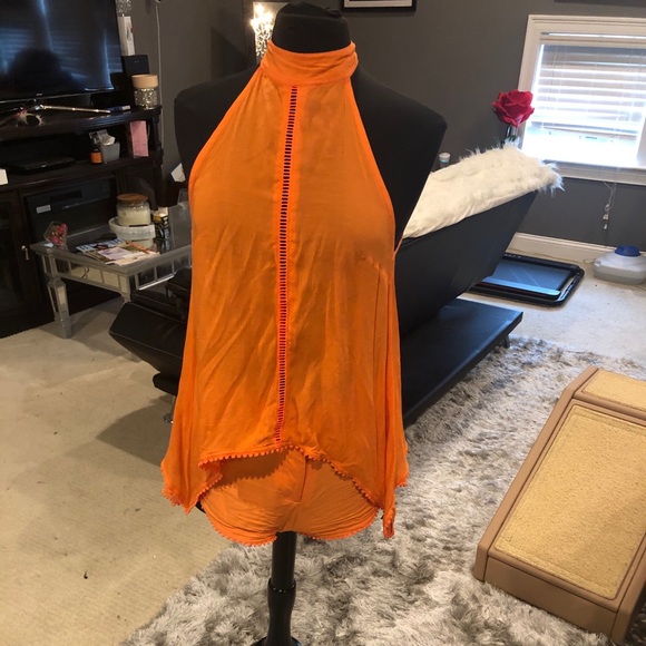 Tallow Hot orange short set with open back top